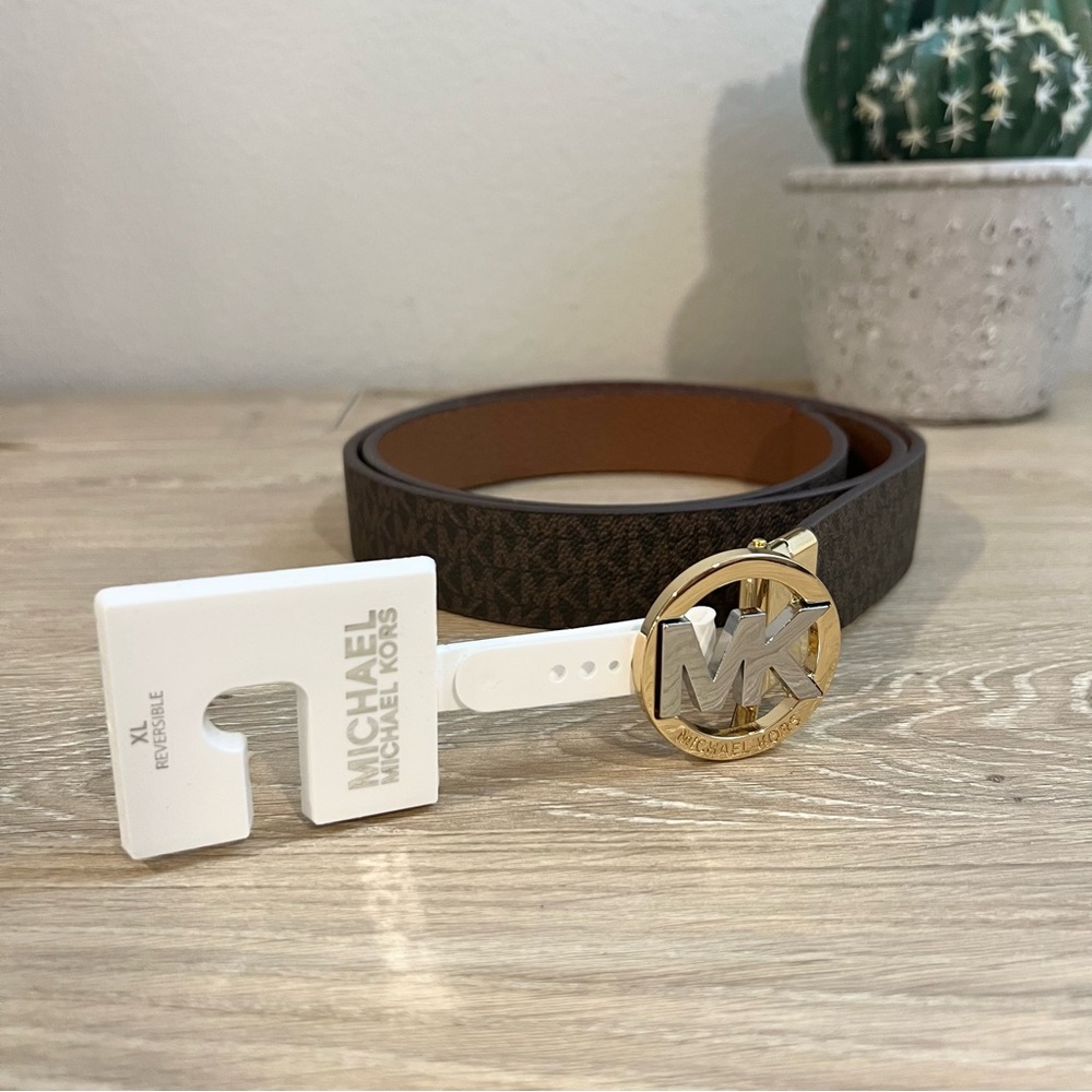 Michael Kors Reversible Logo Belt Brown Leather Gold MK Buckleโ XL New